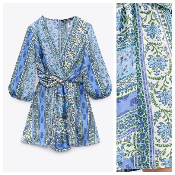 NWT. Zara Blue Patchwork Print Wrap-Around Jumpsuit - Picture 4 of 9